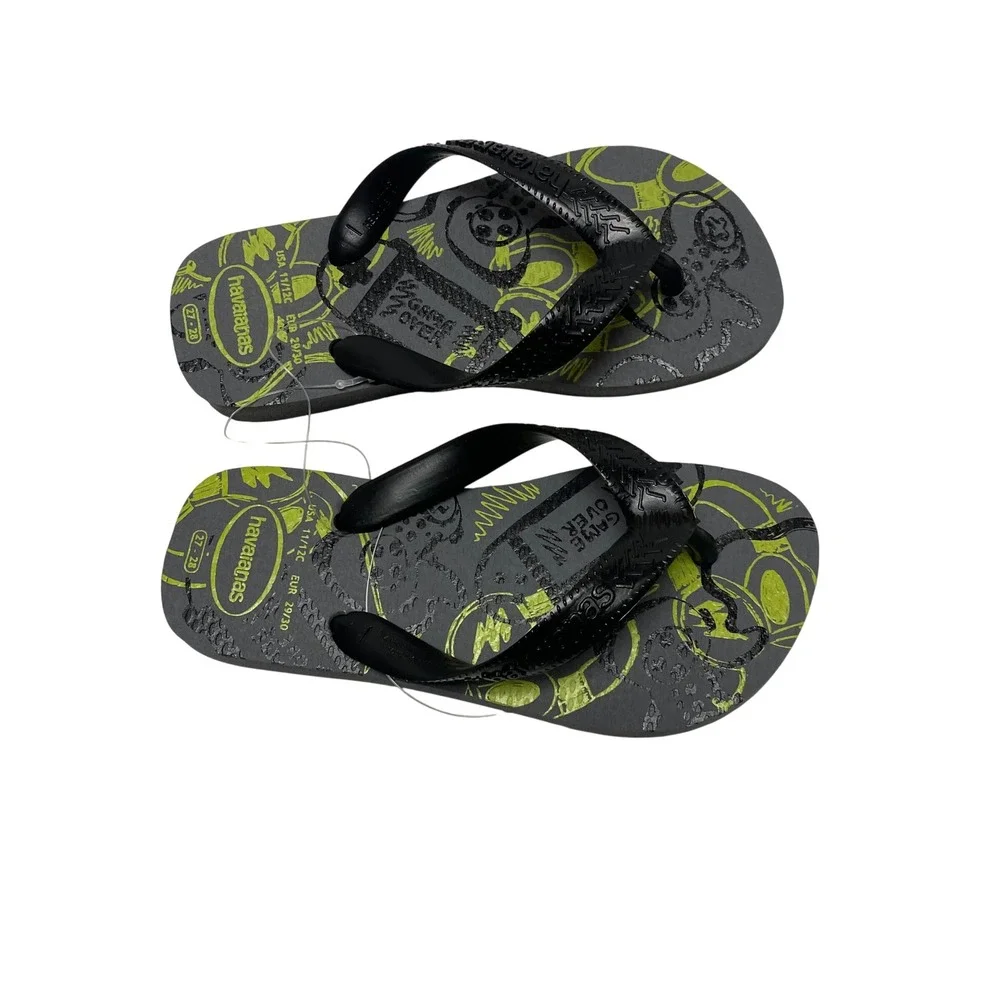 Havaianas Kids Game Over Flip Flops Grey Lime Green‎ Game Sandals 11/12C NWT